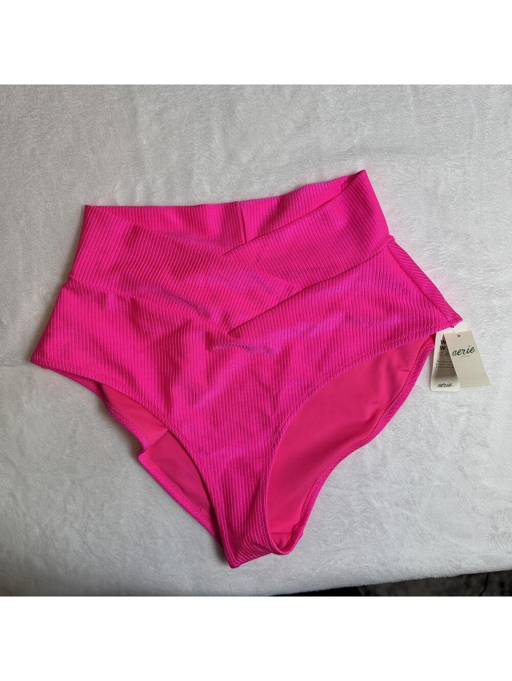 Aerie High-Waisted Ribbed Bikini Bottoms in Pink, Size Medium